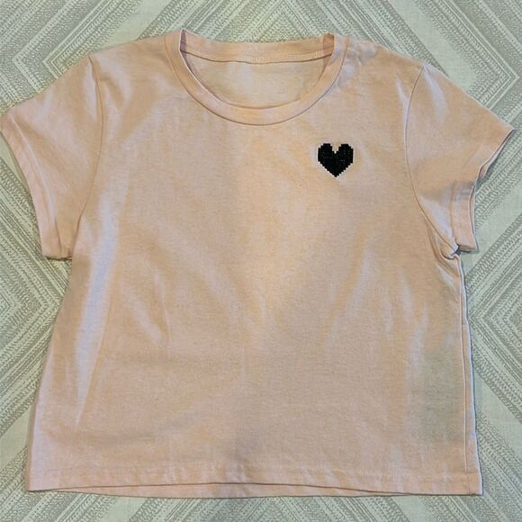 Strut This Women’s Pink Cropped T-Shirt with Black Embroidered Heart, One Size - Picture 1 of 6